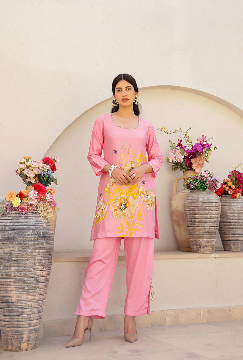 Pink Garden Printed Embroidered Magnolia Short Kurta Set
