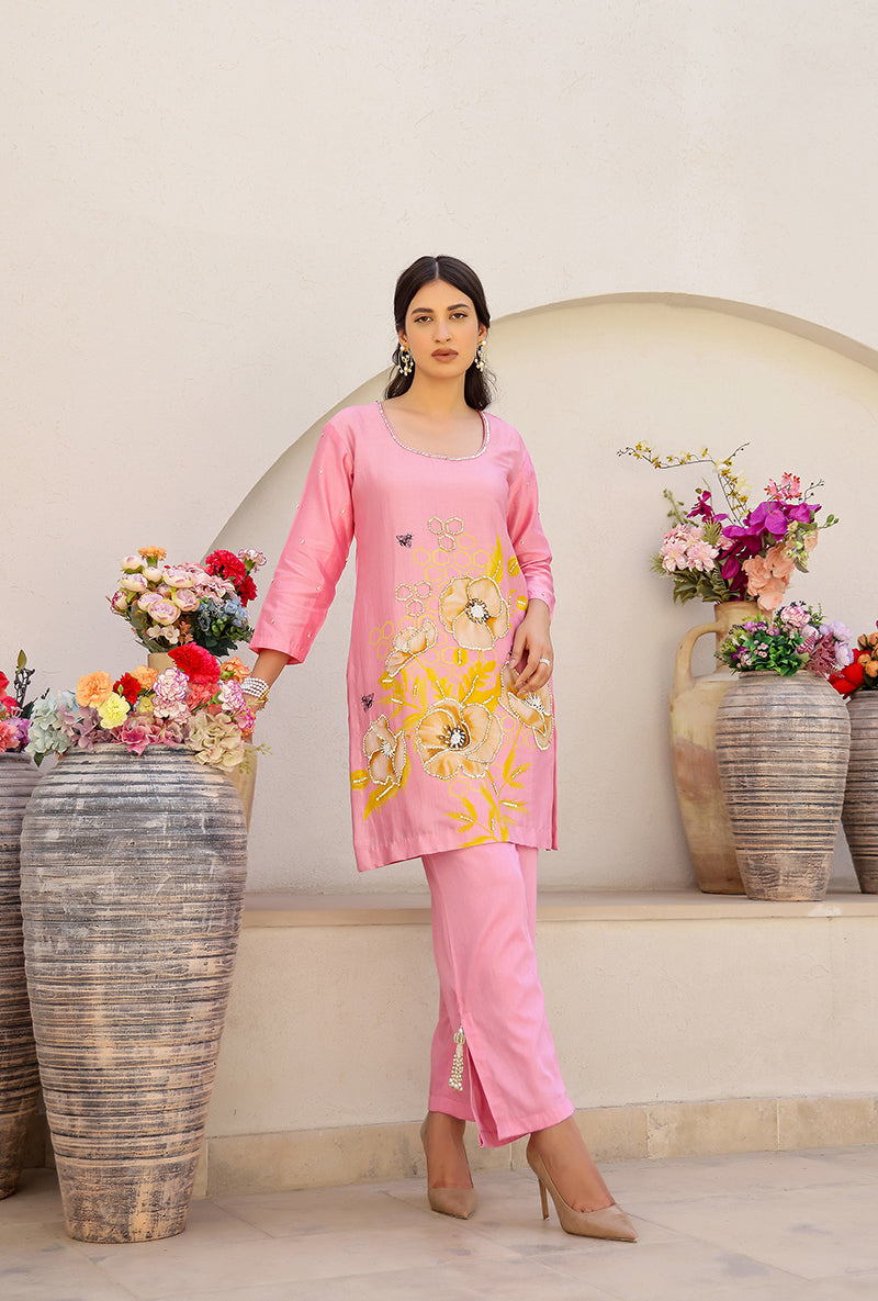 Pink Garden Printed Embroidered Magnolia Short Kurta Set