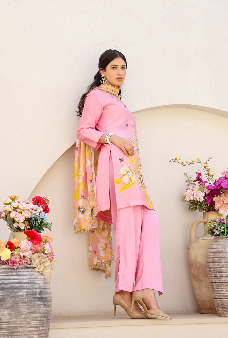 Pink Garden Printed Embroidered Magnolia Short Kurta Set