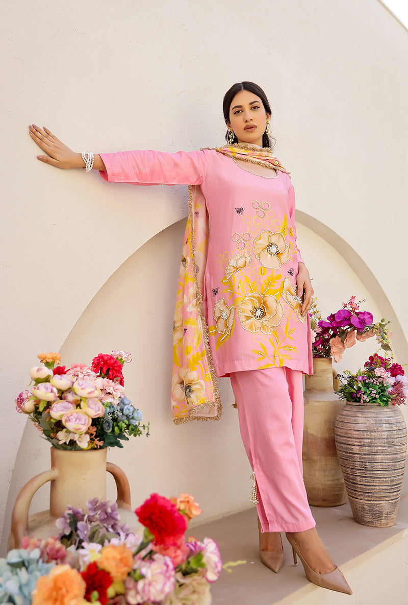 Pink Garden Printed Embroidered Magnolia Short Kurta Set