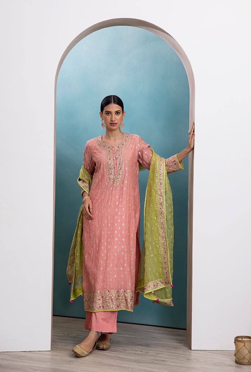 Pink & Green Classic Zari Neck Raha Kurta Set