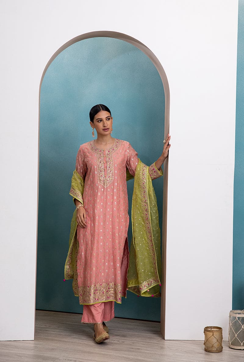 Pink & Green Classic Zari Neck Raha Kurta Set