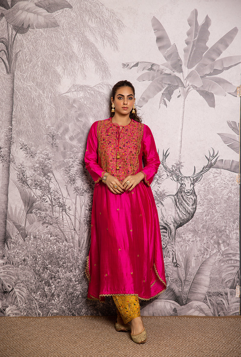 Rani Pink Bird Embroidered Long Shaheen Salwar Set
