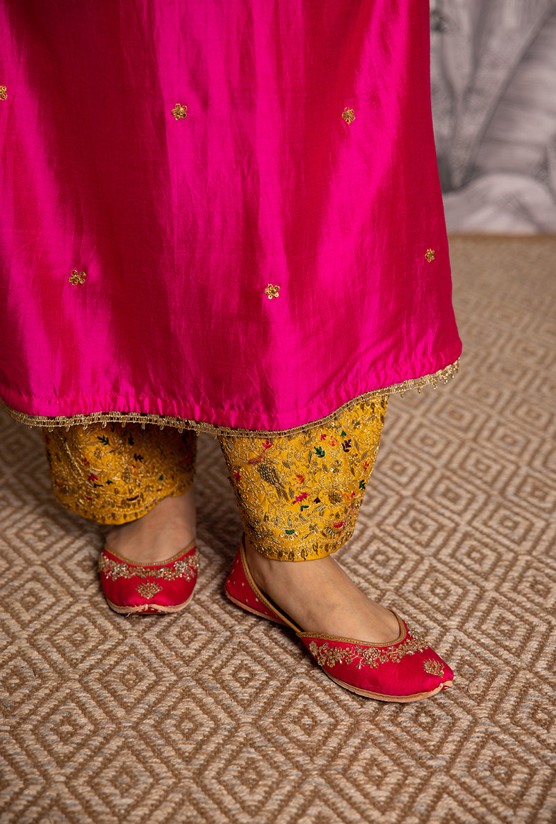 Rani Pink Bird Embroidered Long Shaheen Salwar Set