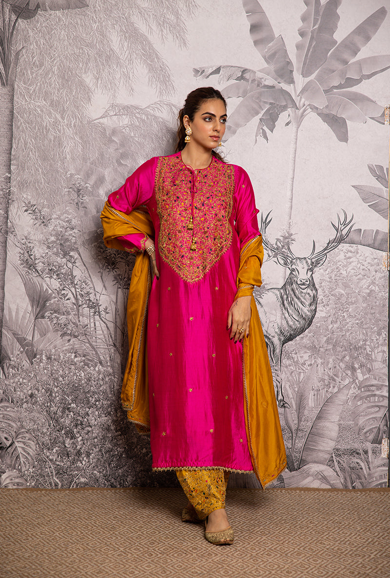 Rani Pink Bird Embroidered Long Shaheen Salwar Set