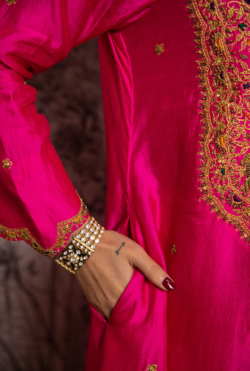 Rani Pink Bird Embroidered Long Shaheen Salwar Set