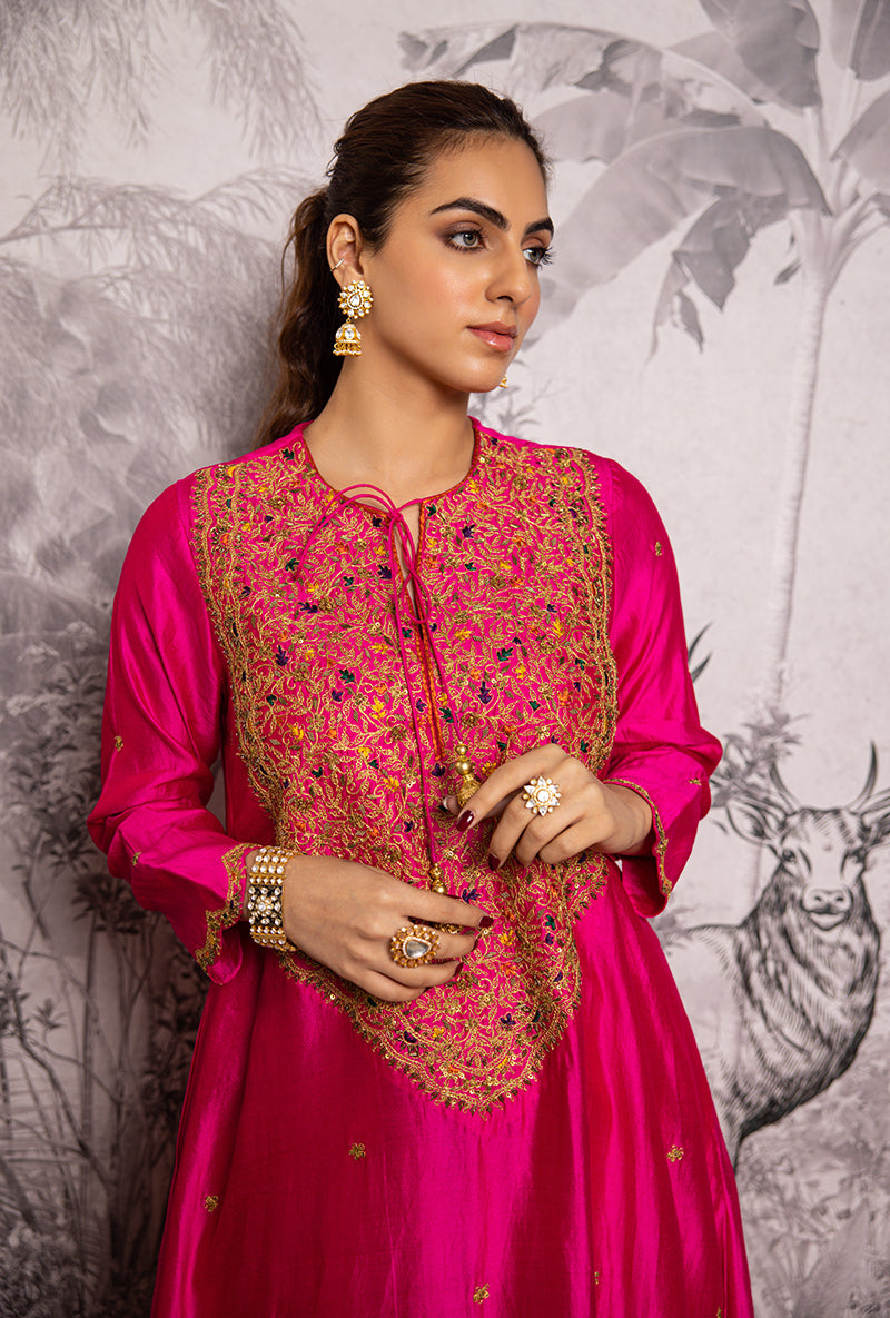 Rani Pink Bird Embroidered Long Shaheen Salwar Set