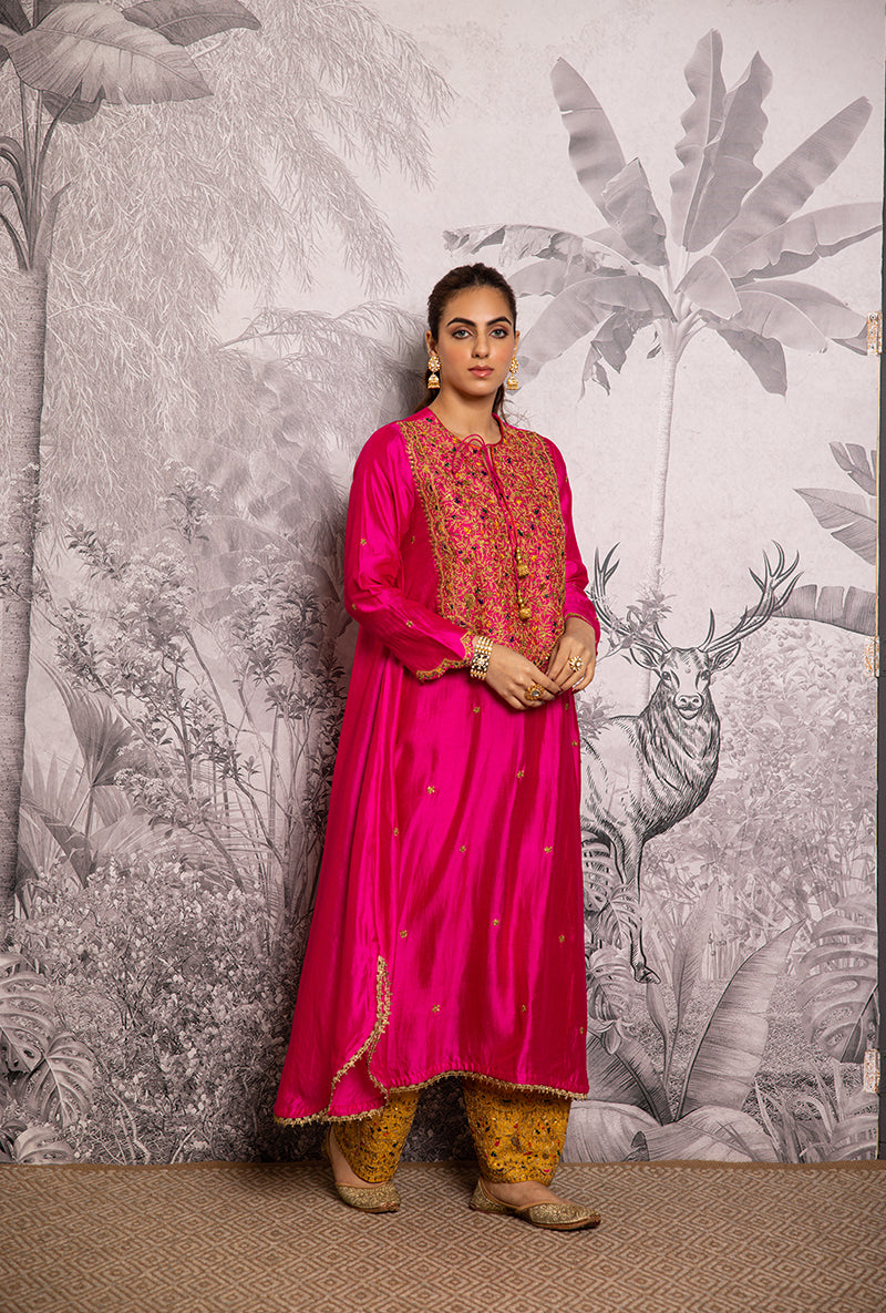 Rani Pink Bird Embroidered Long Shaheen Salwar Set