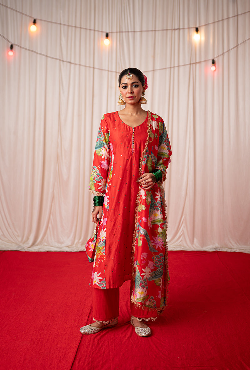 Red Printed Side Panel Kamli 2.0 Kurta Set