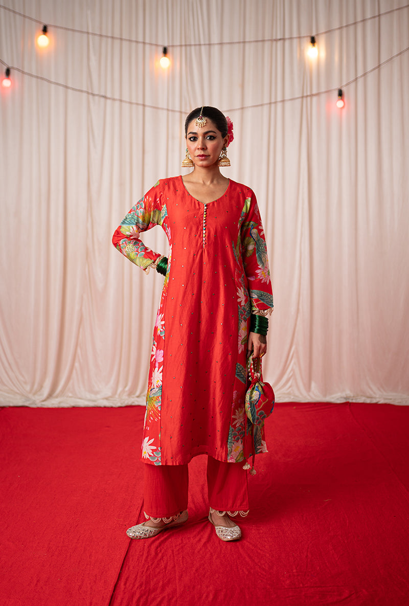 Red Printed Side Panel Kamli 2.0 Kurta Set