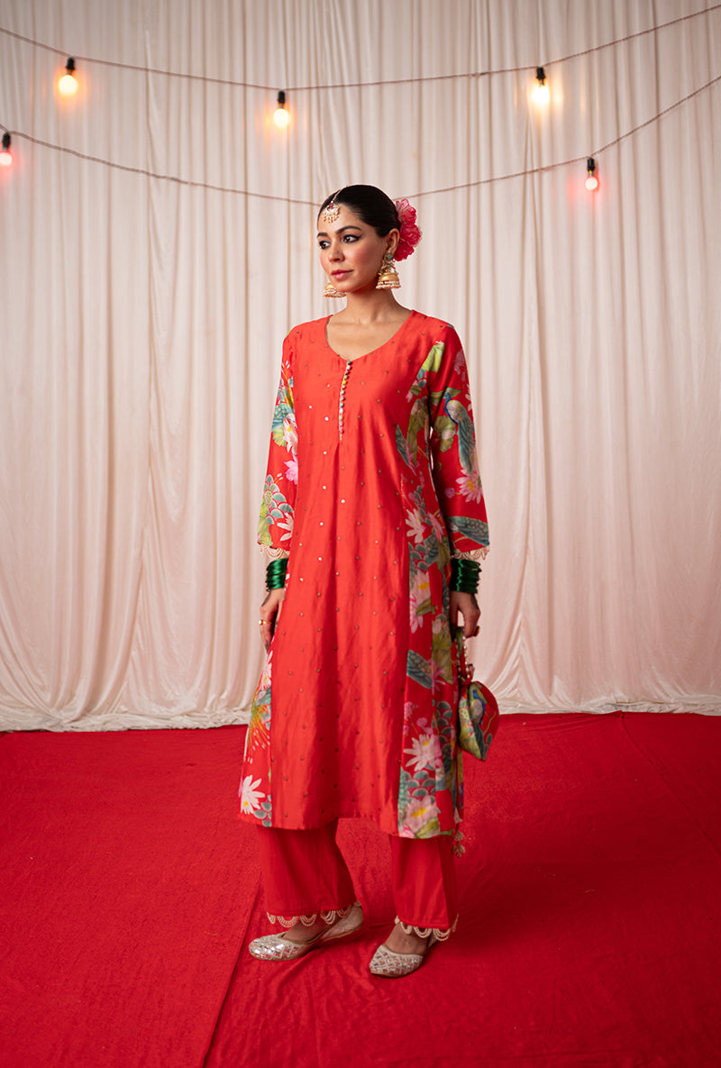 Red Printed Side Panel Kamli 2.0 Kurta Set