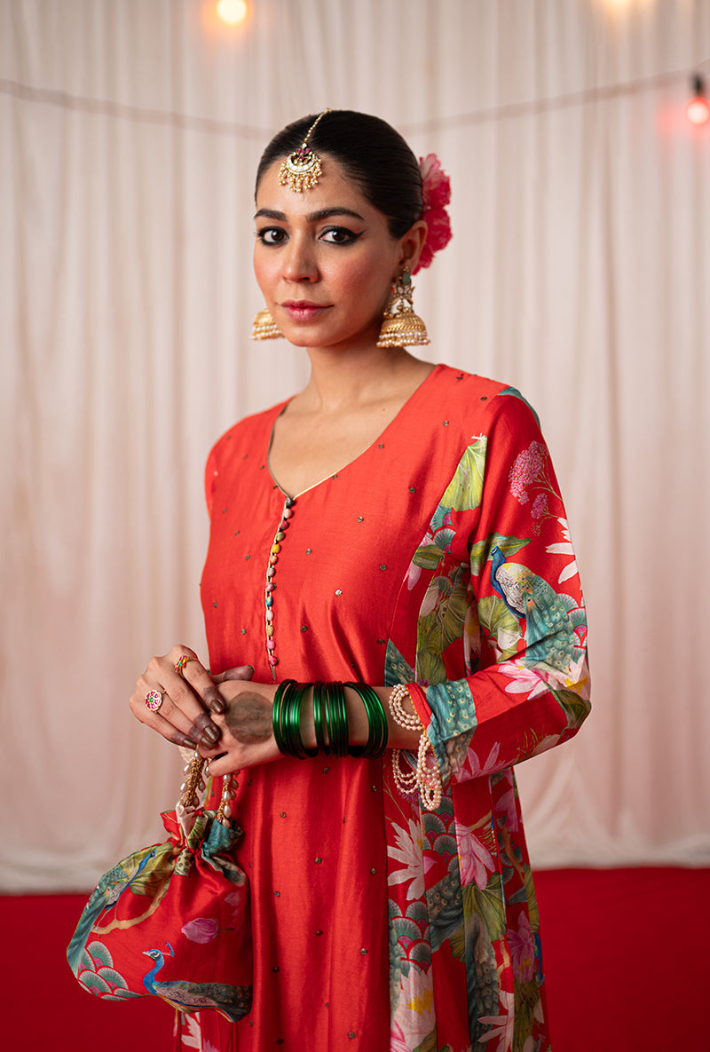 Red Printed Side Panel Kamli 2.0 Kurta Set