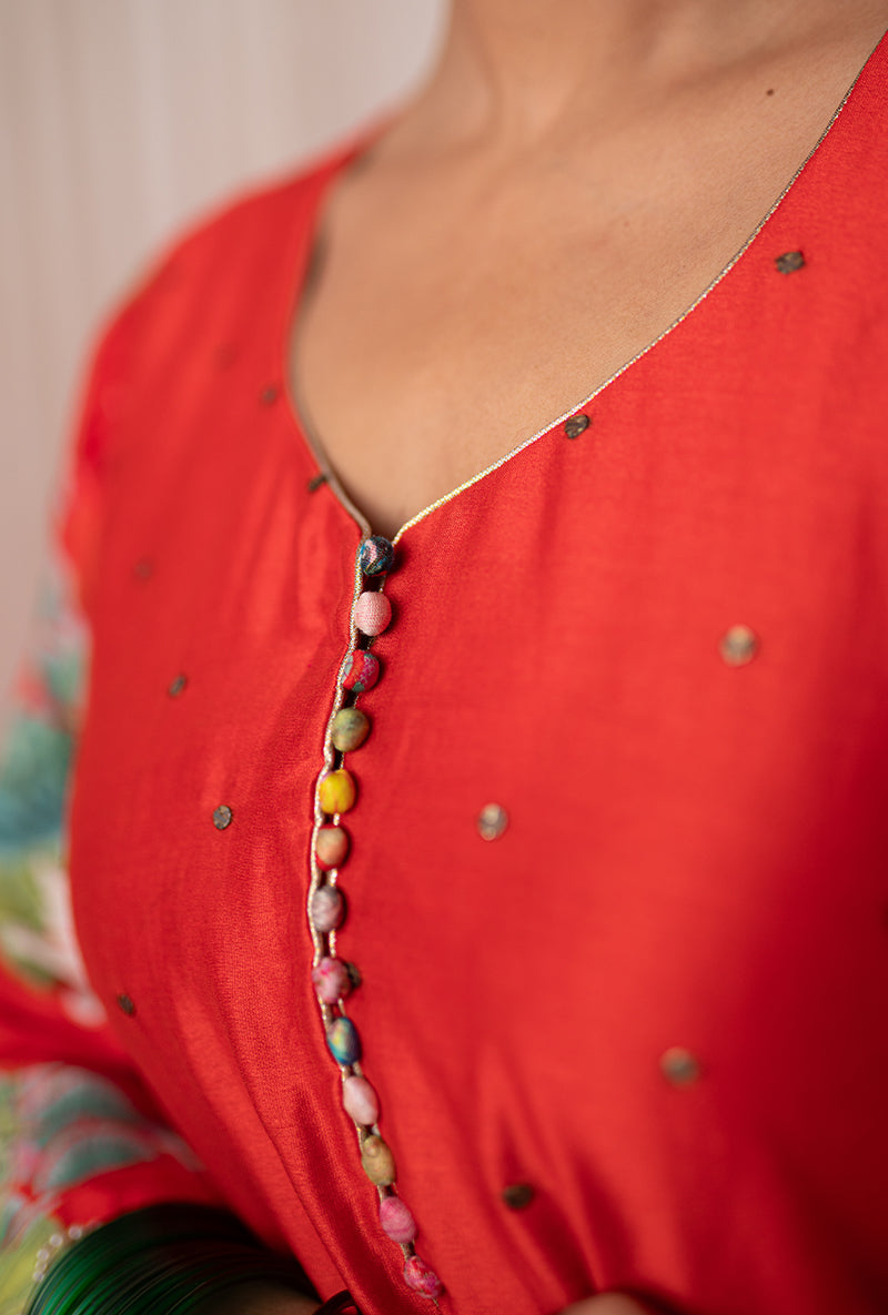 Red Printed Side Panel Kamli 2.0 Kurta Set