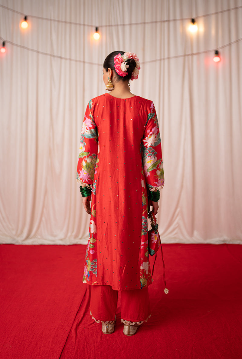 Red Printed Side Panel Kamli 2.0 Kurta Set