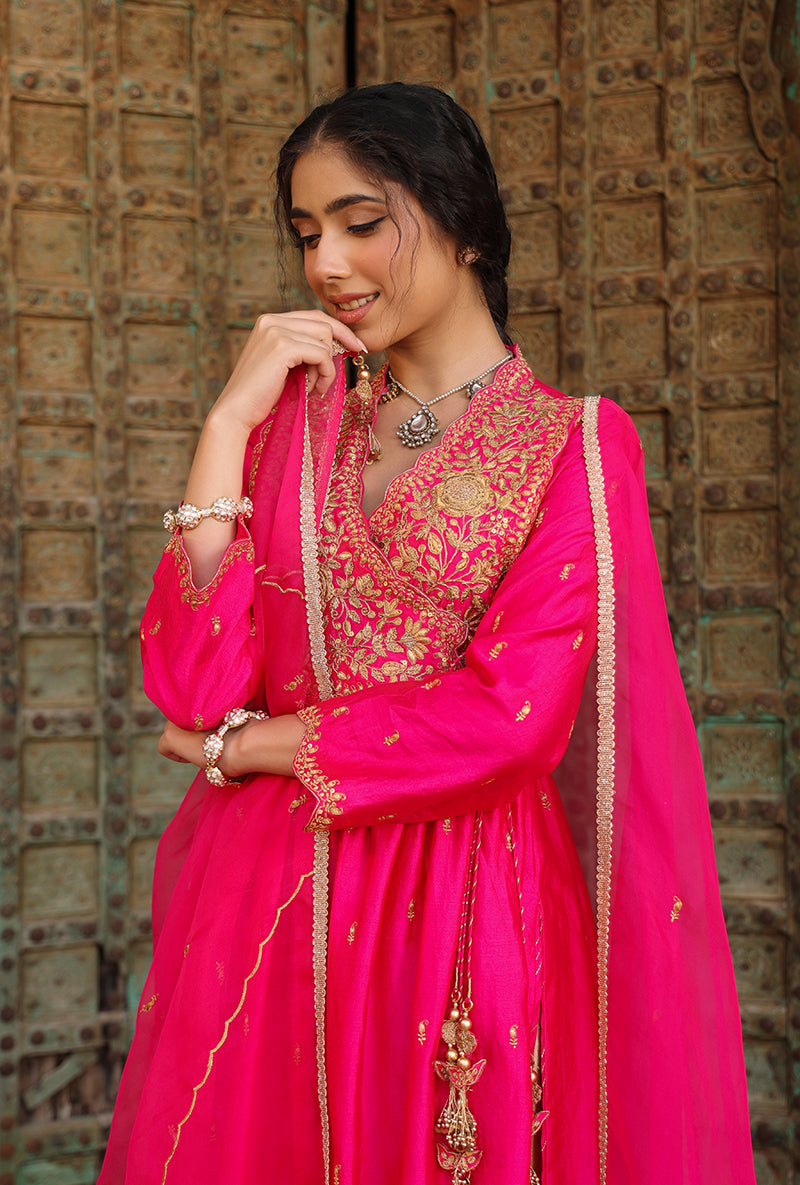 Shocking Pink Overlap Frockstyle Raag Kurta Set