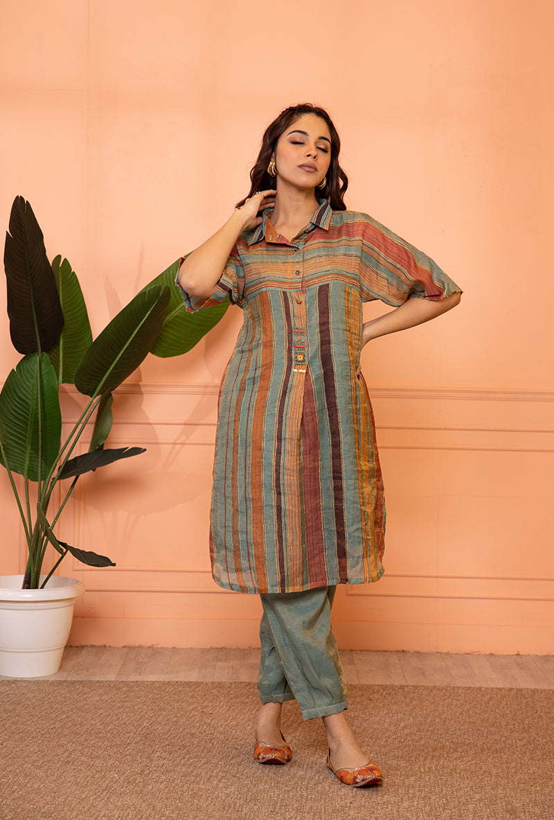 Teal Blue Anti Fit Stipe Sia Kurta Set