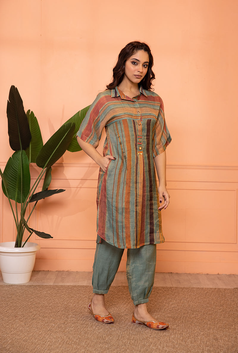 Teal Blue Anti Fit Stipe Sia Kurta Set