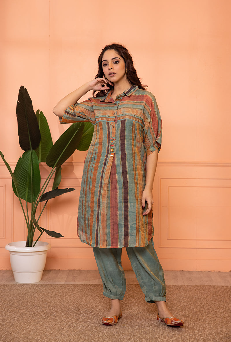 Teal Blue Anti Fit Stipe Sia Kurta Set