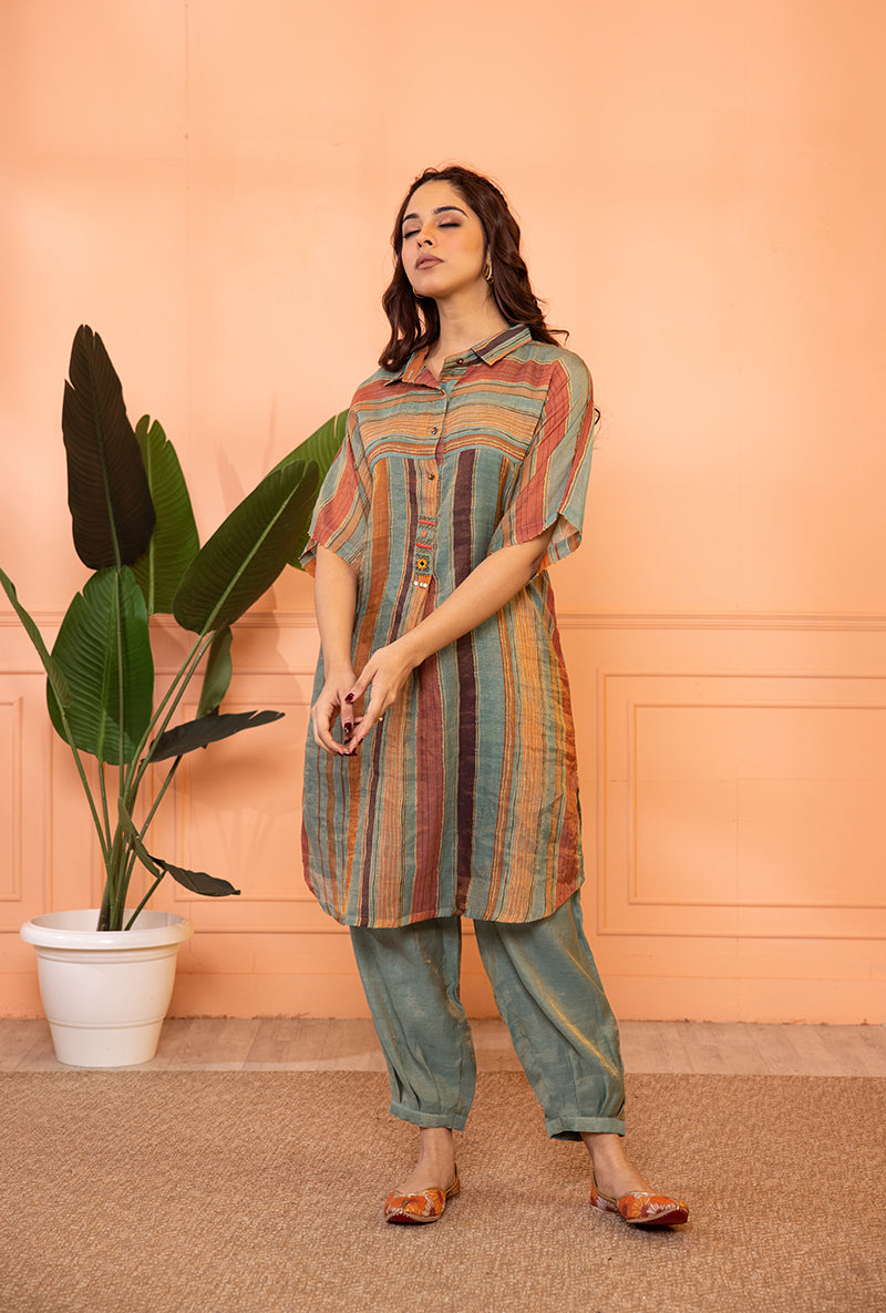 Teal Blue Anti Fit Stipe Sia Kurta Set