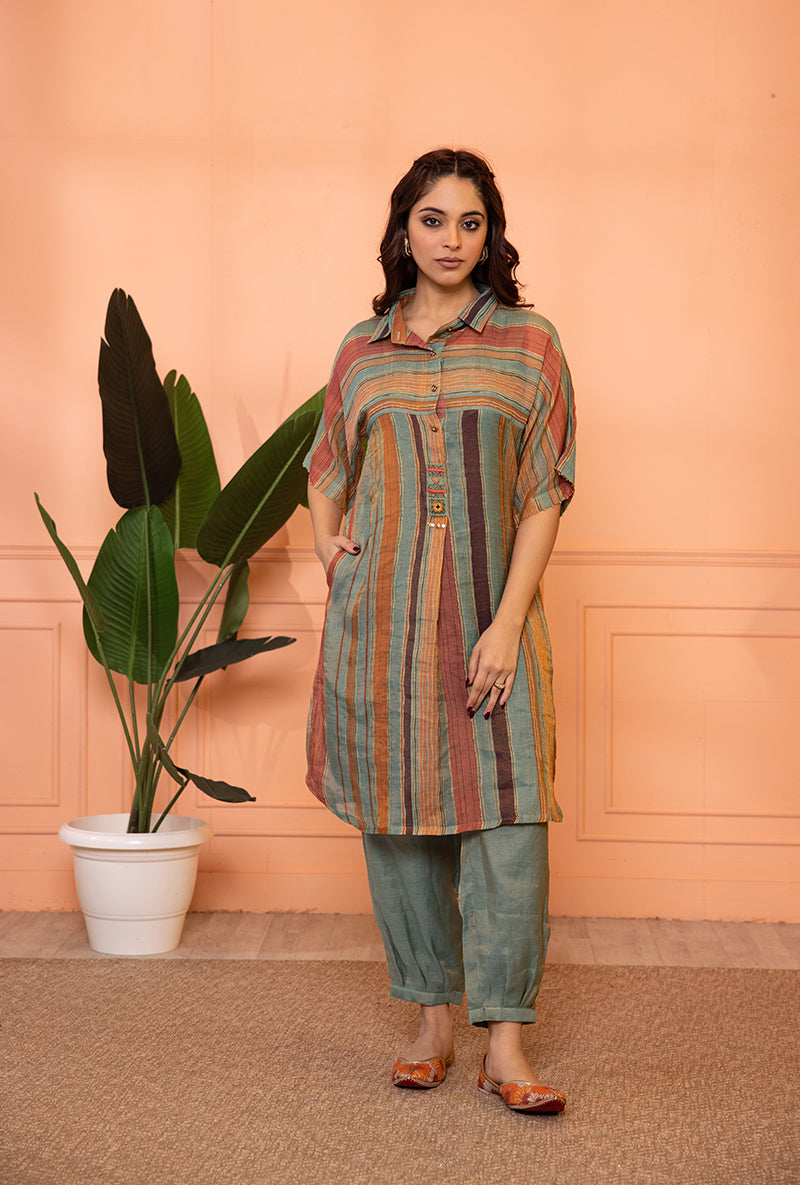 Teal Blue Anti Fit Stipe Sia Kurta Set