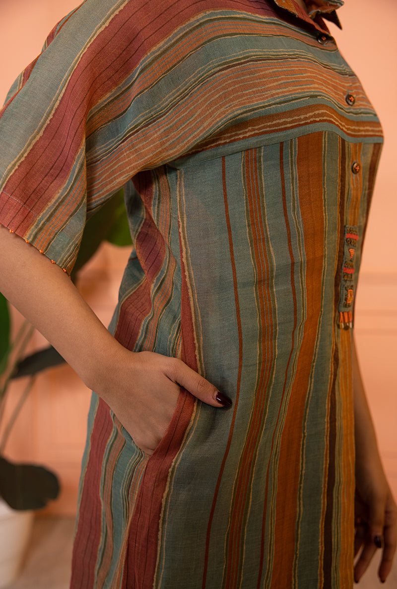 Teal Blue Anti Fit Stipe Sia Kurta Set