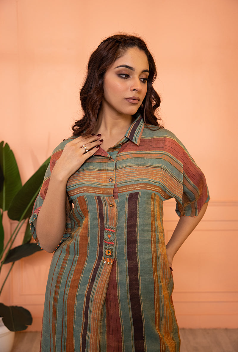 Teal Blue Anti Fit Stipe Sia Kurta Set