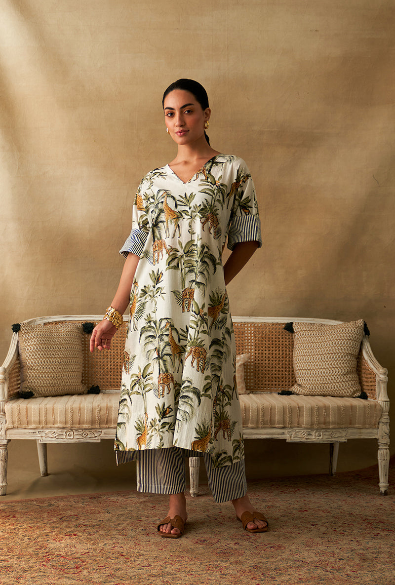 White Giraffe Print Marigold Kurta Set