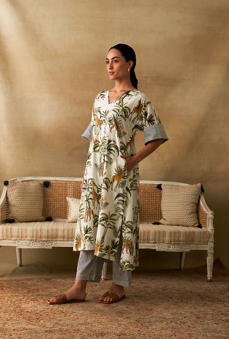 White Giraffe Print Marigold Kurta Set