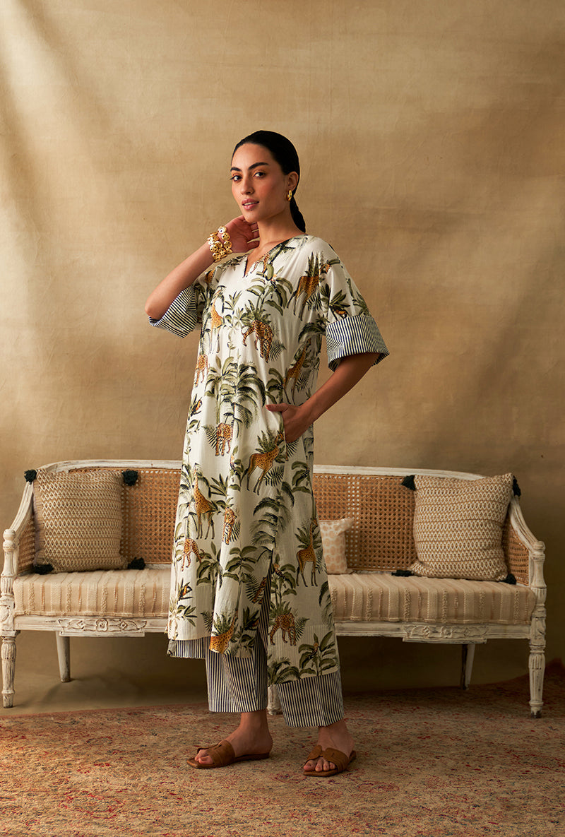 White Giraffe Print Marigold Kurta Set