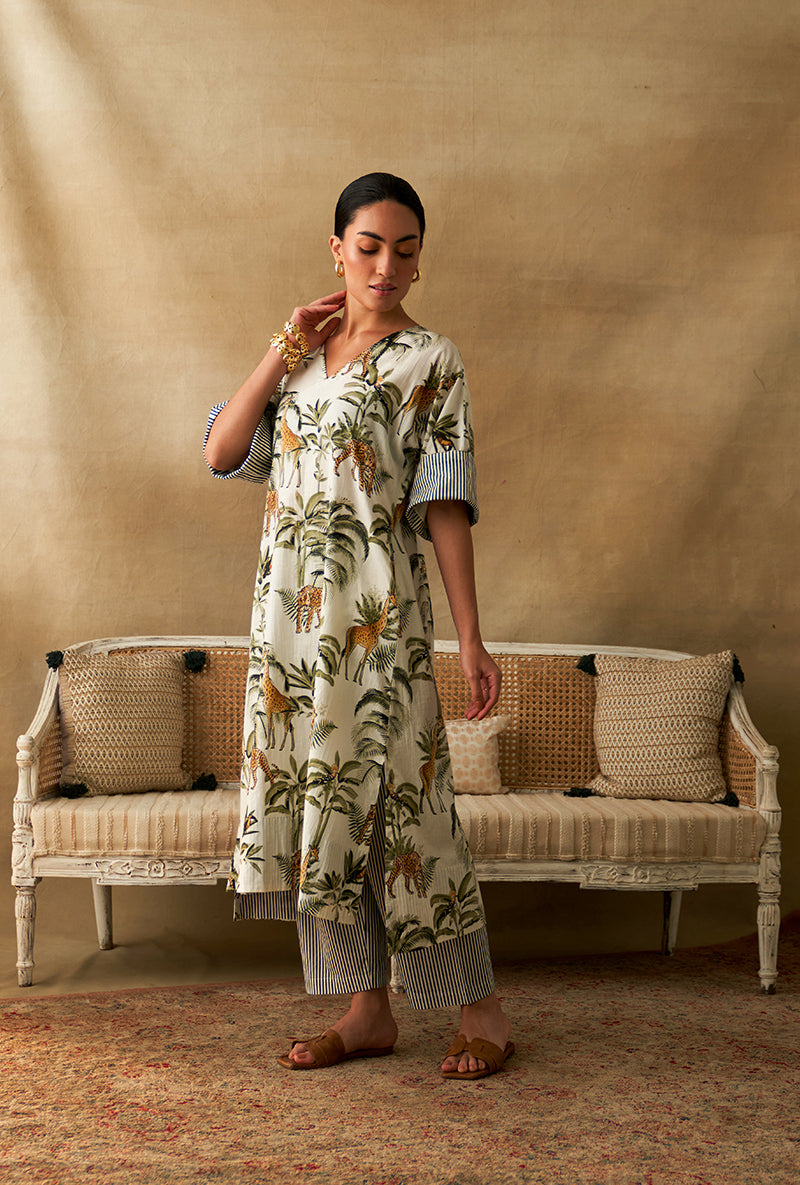 White Giraffe Print Marigold Kurta Set