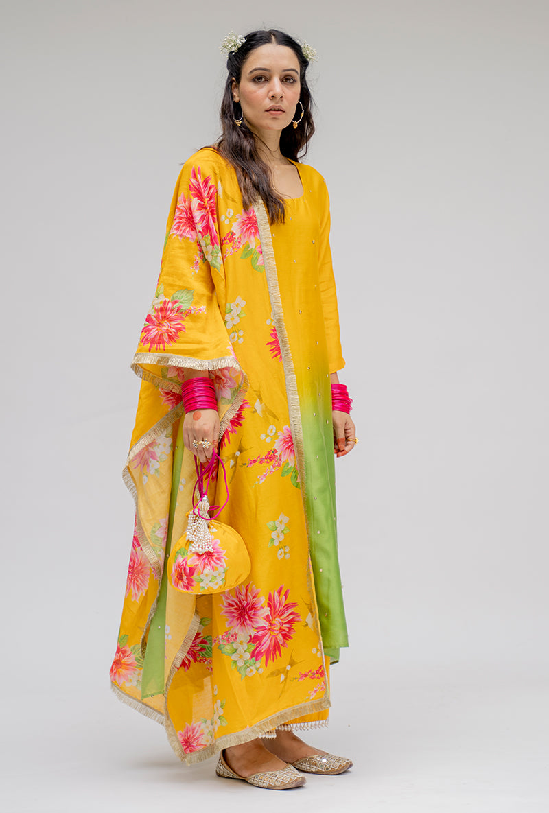 Yellow Ombre Asymmetric Nyra Kurta Set