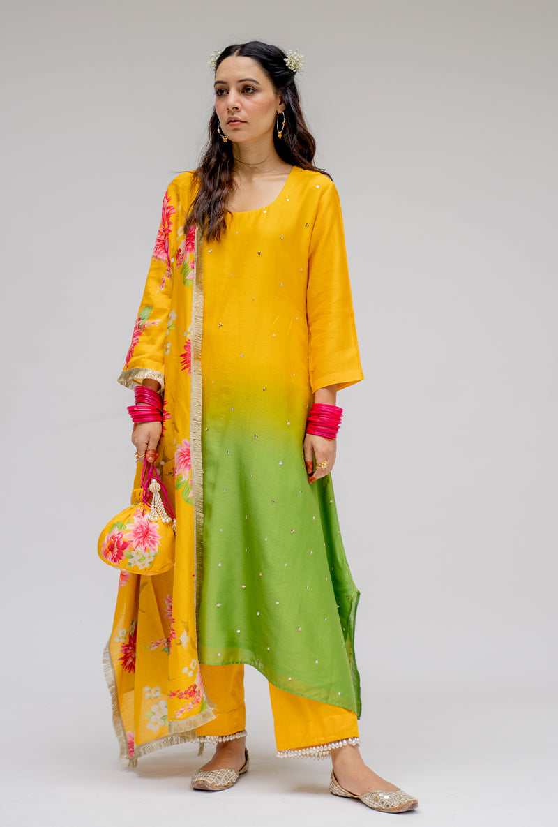 Yellow Ombre Asymmetric Nyra Kurta Set