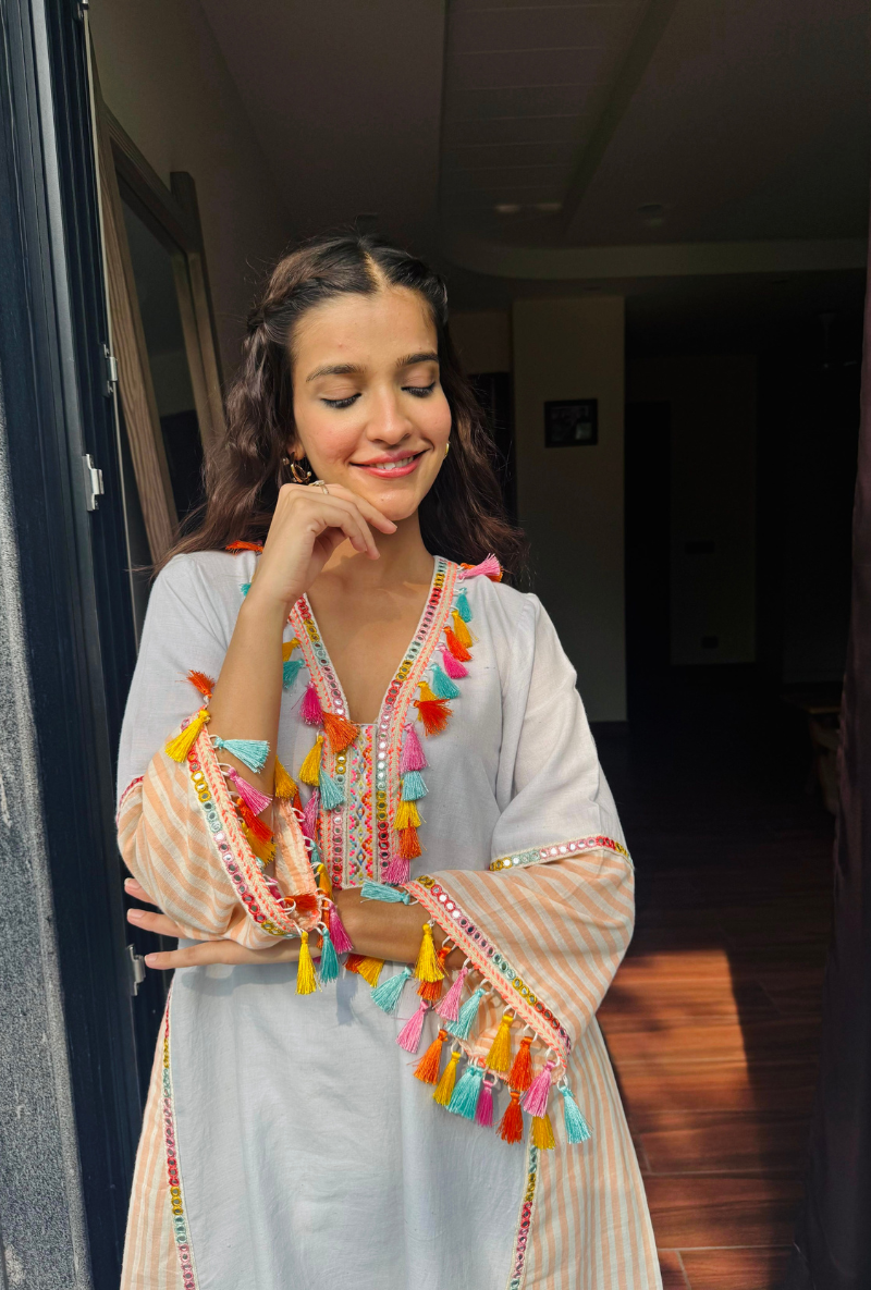 Varsha Rana in Soft Blue Colourful Tassel Kurta Set