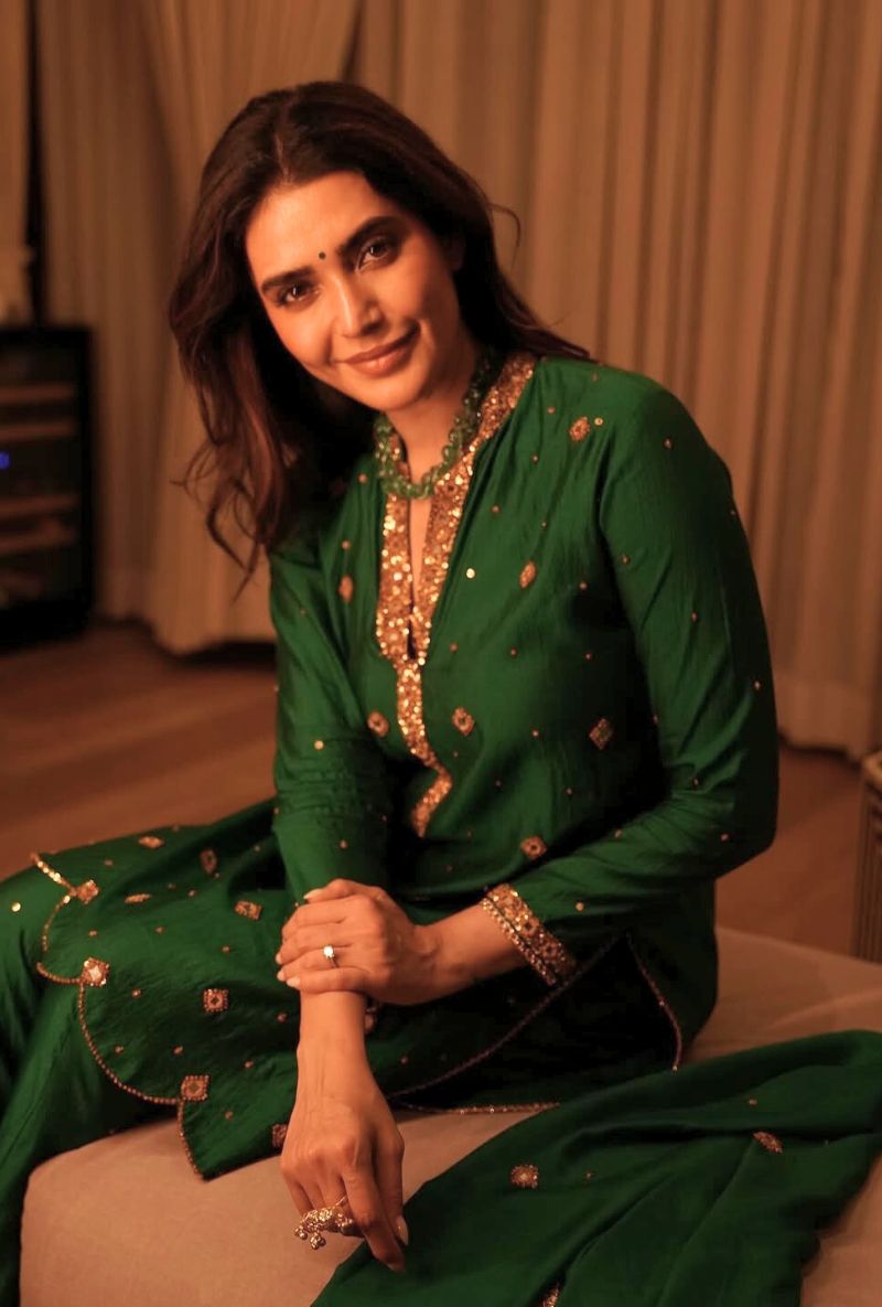 Karishma Tanna in Green Mirror Work Rani Sharara Set