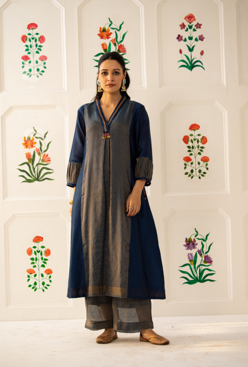 Blue High Collar Kishmish Kurta Set