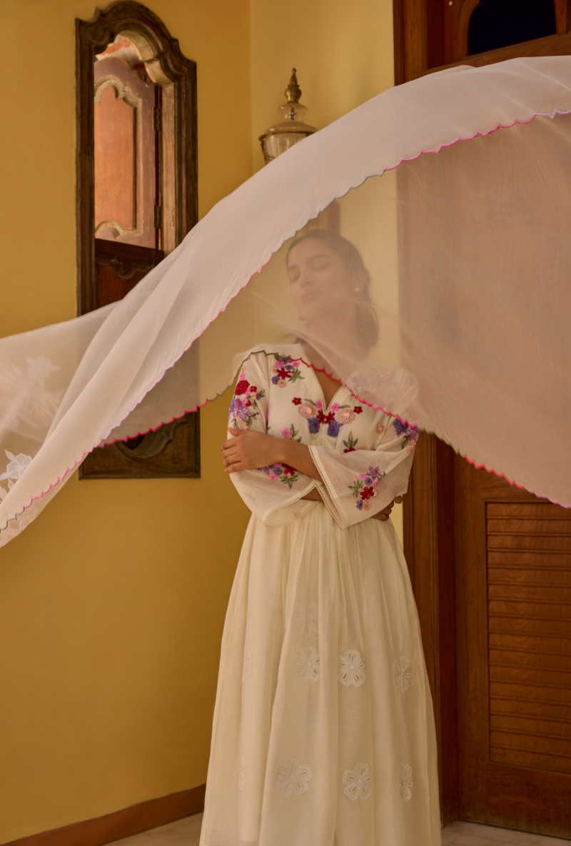 Ivory Hand Embroidered Kalidaar Anaardana Kurta Set