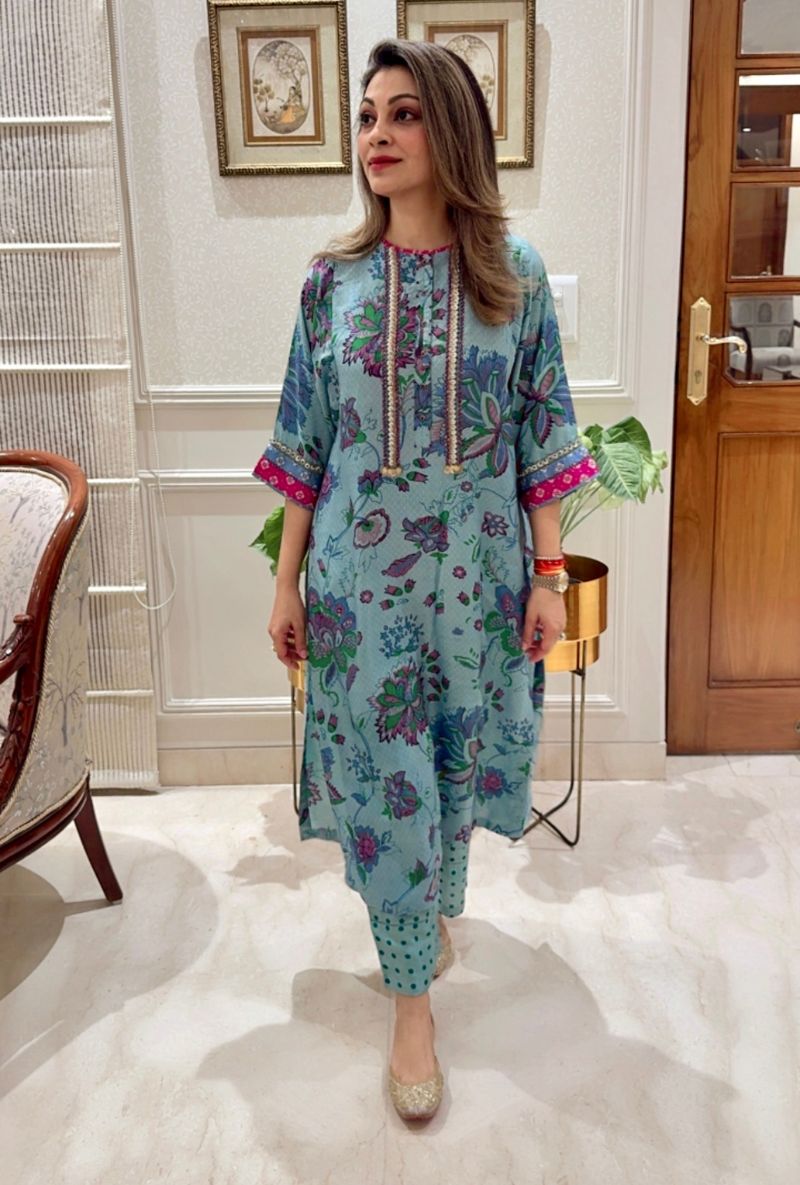 Meghna Nayyar in Blue Hand Printed Kaftan Cut Eden Kurta Set