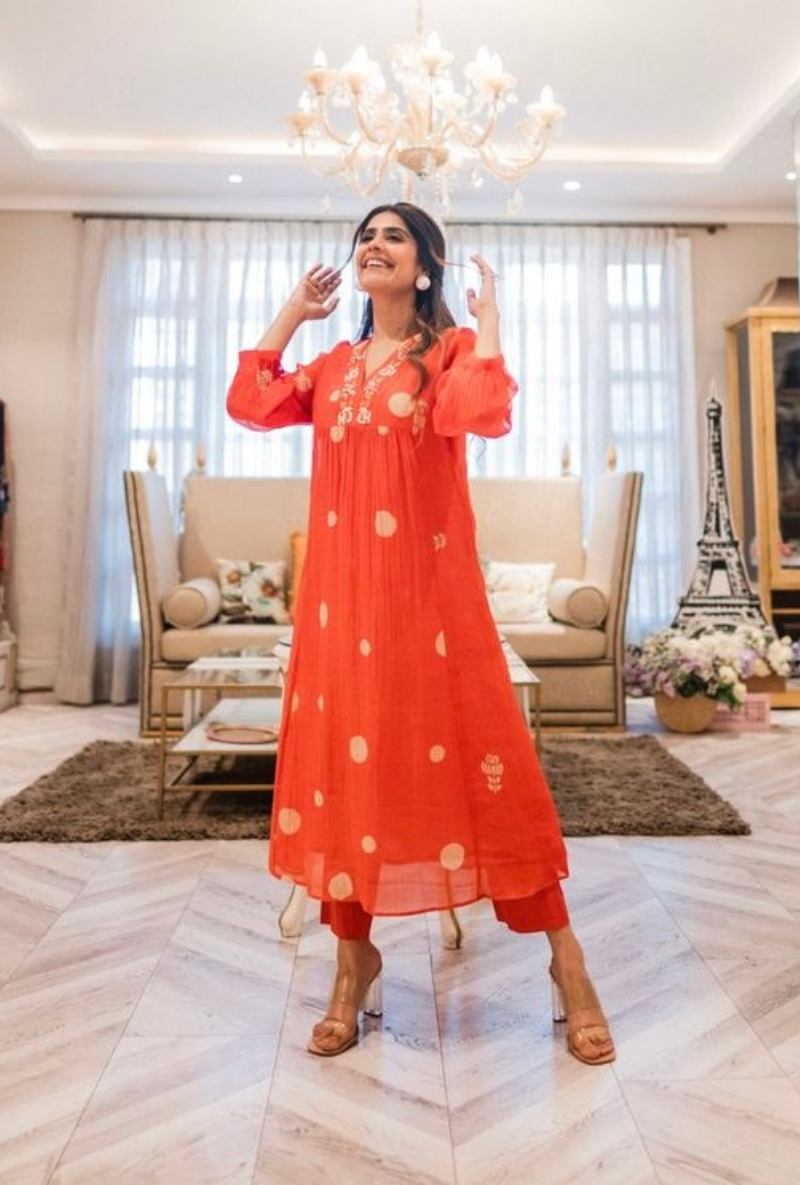 Mehal Kejriwal in Orange Polka  Hand Block Print Ruhi Kurta Set