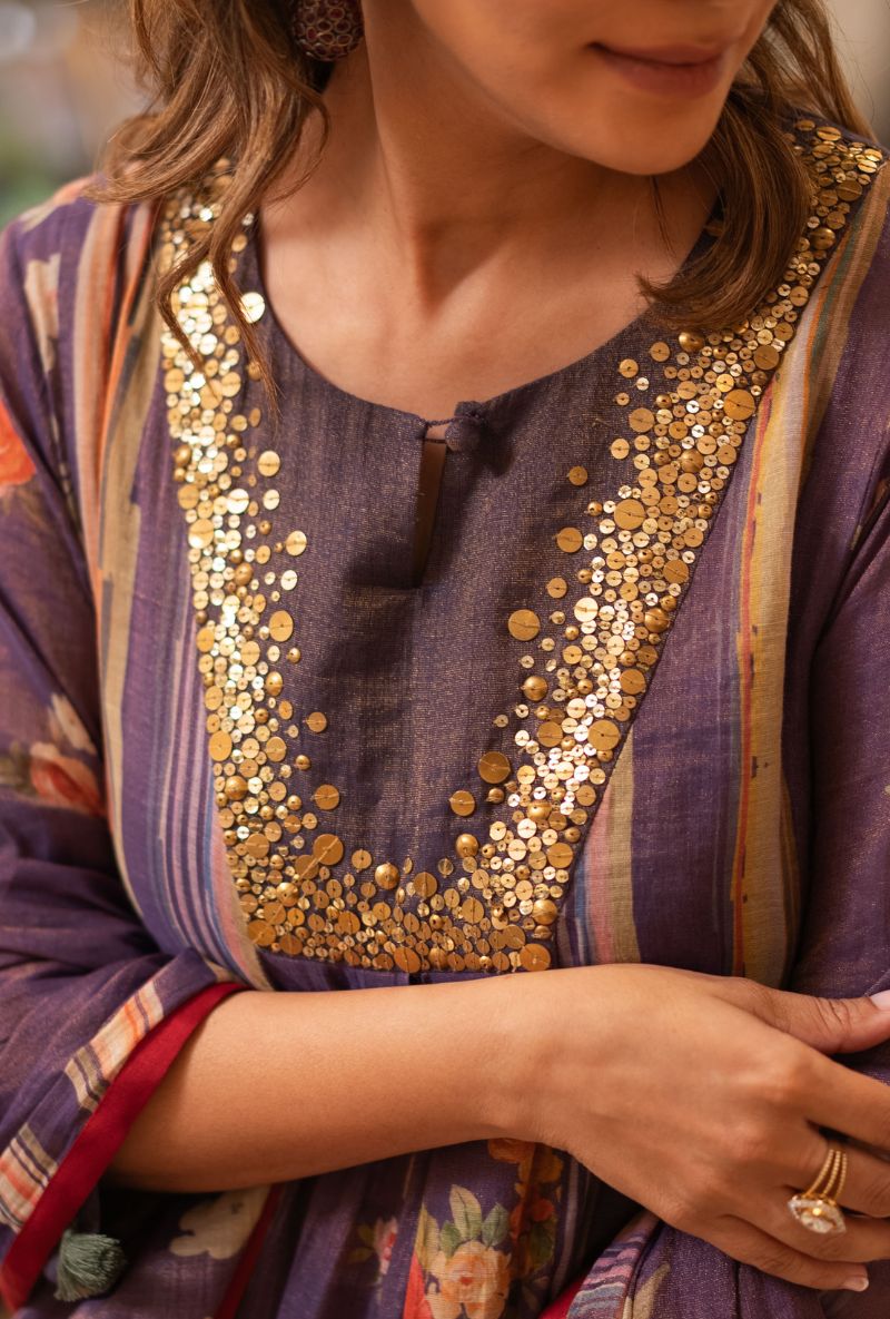 Meghna Nayyar in Purple Sequin Yoke Bageecha Anarkali Set