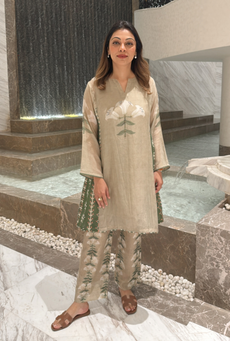 Meghna Nayyar in Beige Printed Dahlia Co-ord set