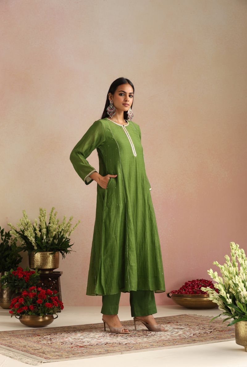 Olive Green Cheeta Work Itrh Kurta Set