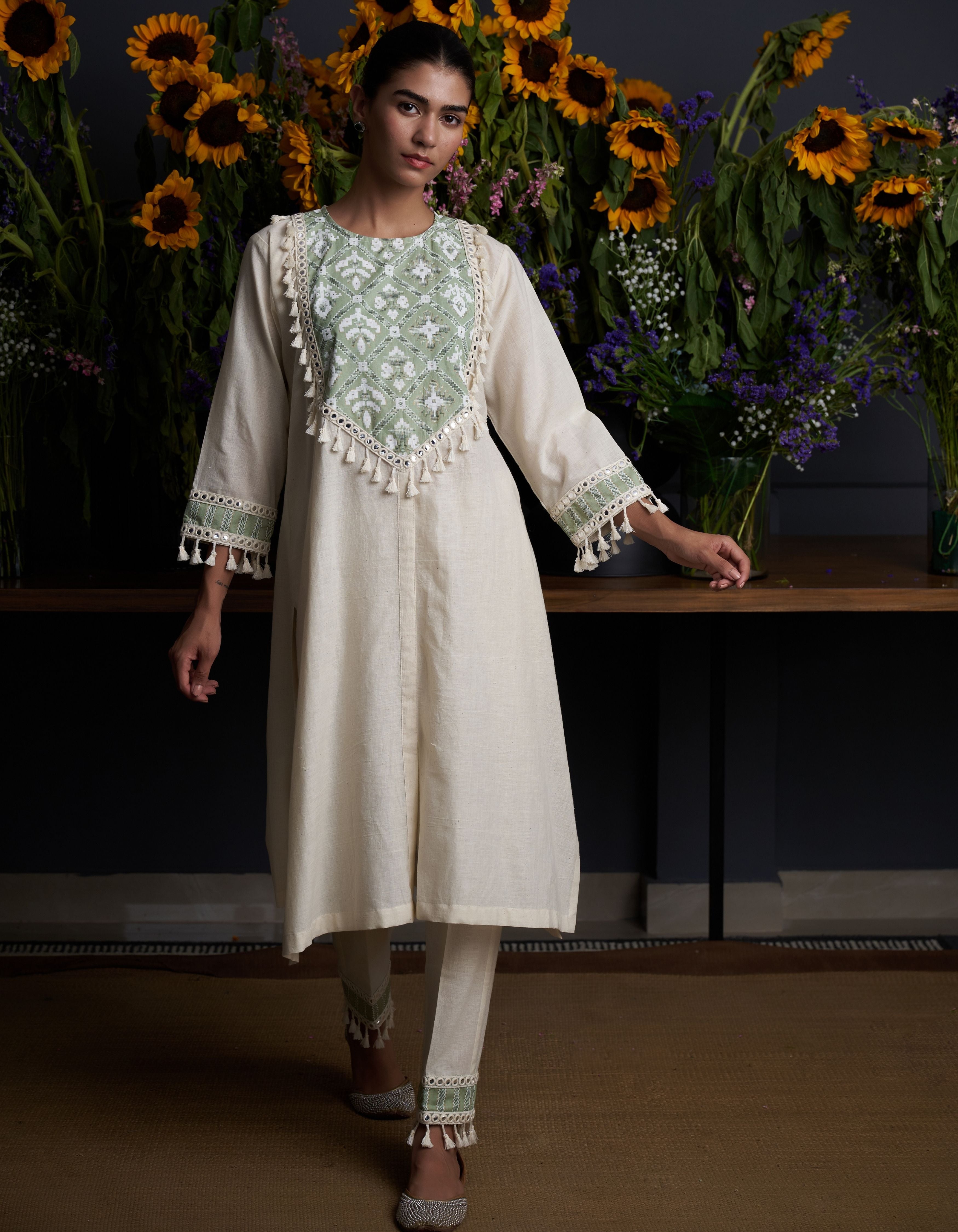 Beige Patterned Yoke Vedika Nadia Kurta Set