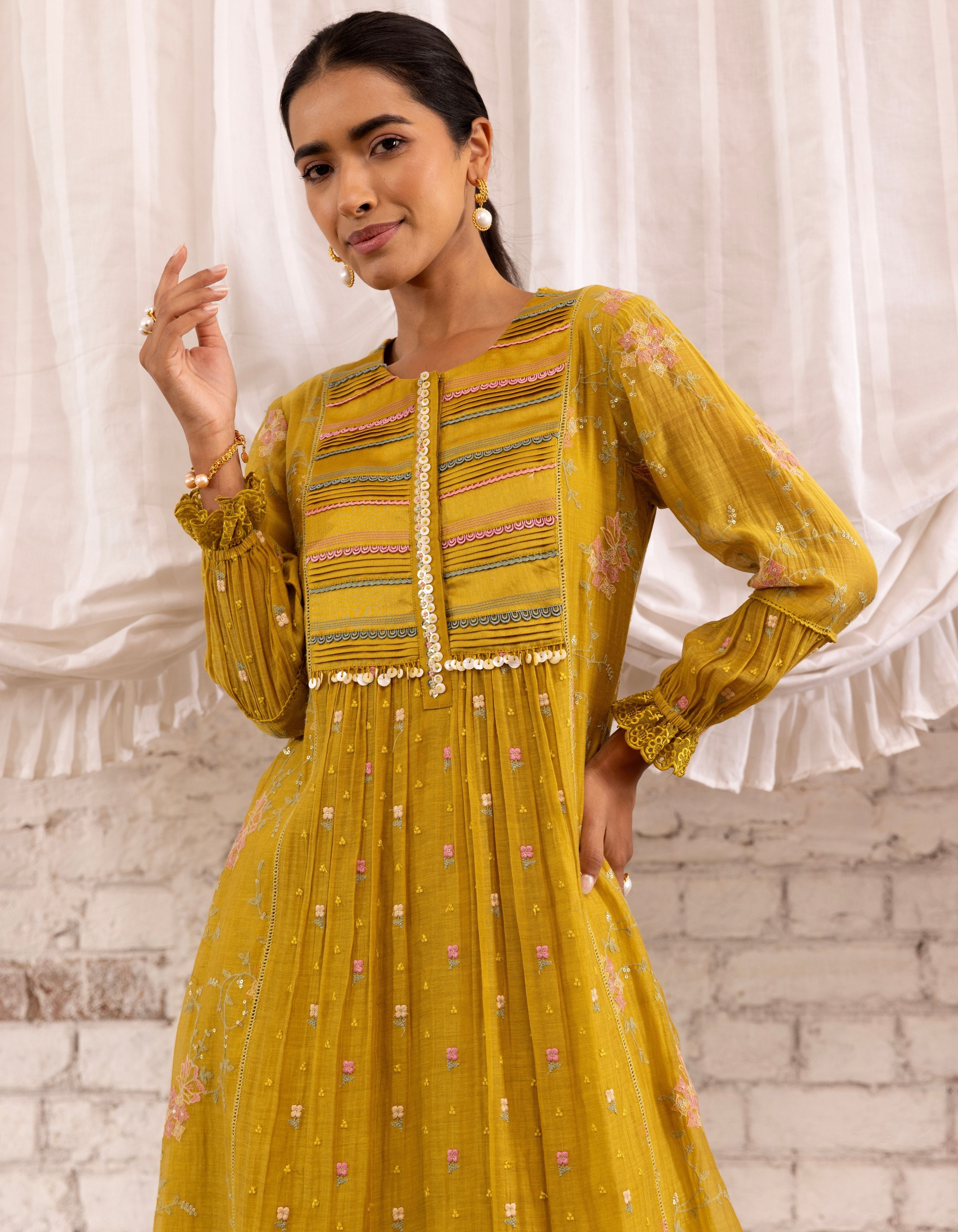 Mustard Threadwork Long Yoke Noor Kurta Set