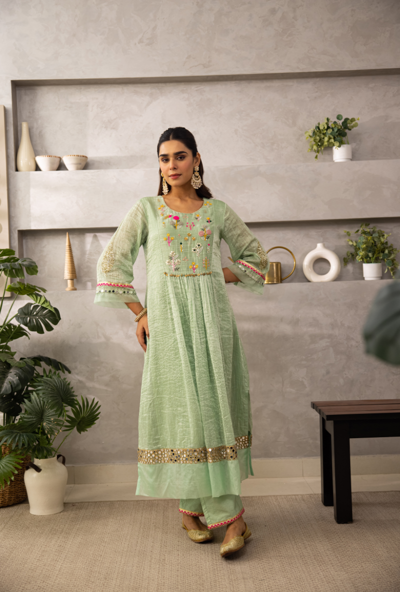 Aqua Resham Yoke Front Pleats Laado Kurta Set