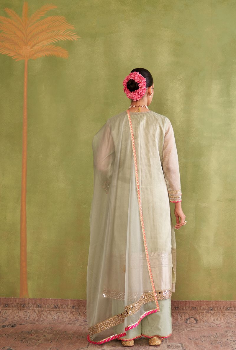 Light Sage Green Tissue Stripes Morbagh Kurta Set