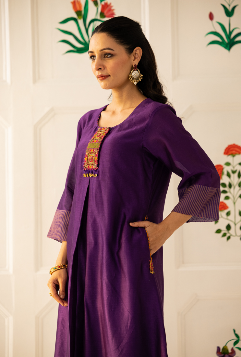 Purple Double Box Pleat Kishmish Kurta Set