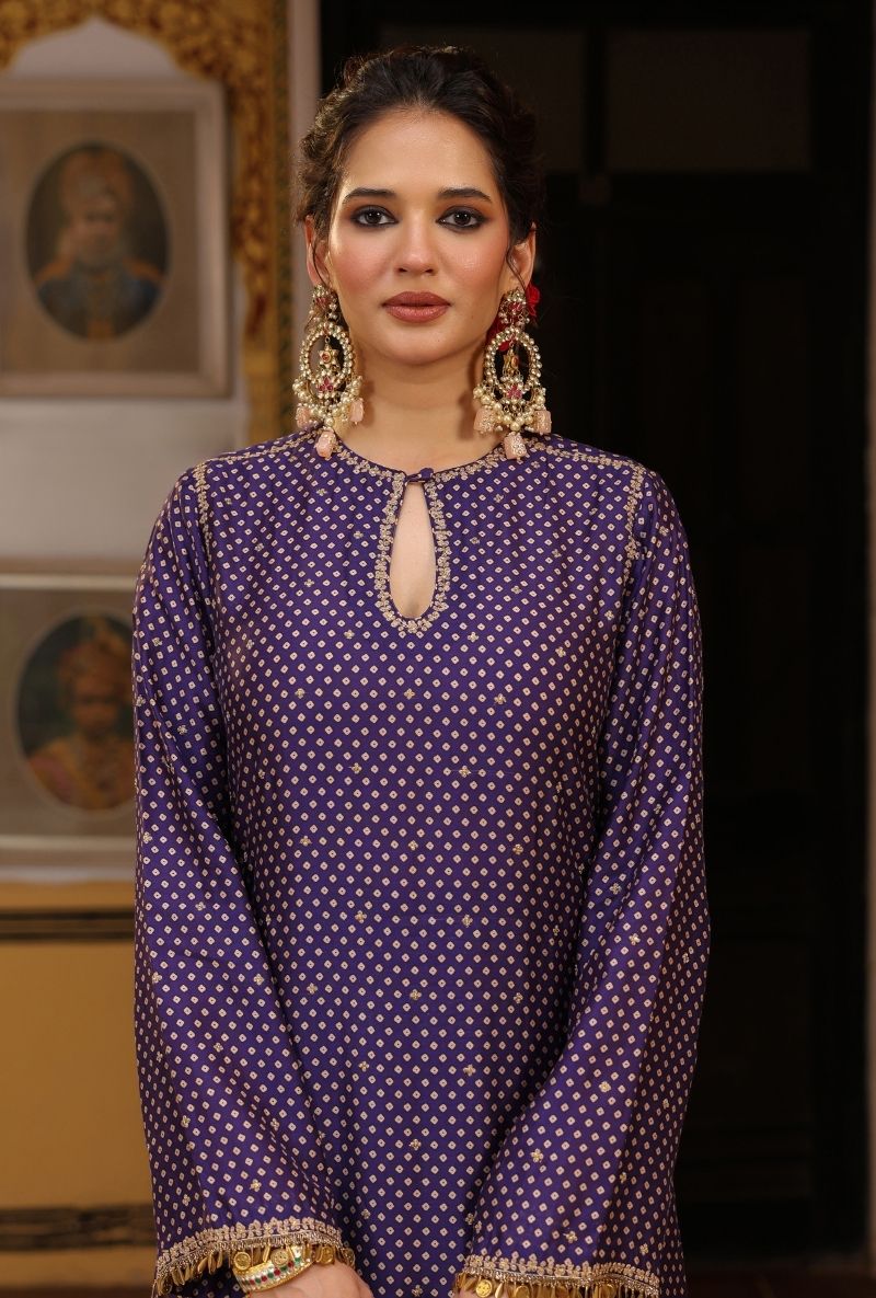 Purple Printed Mayur Applique Long Mehfil Kurta Set