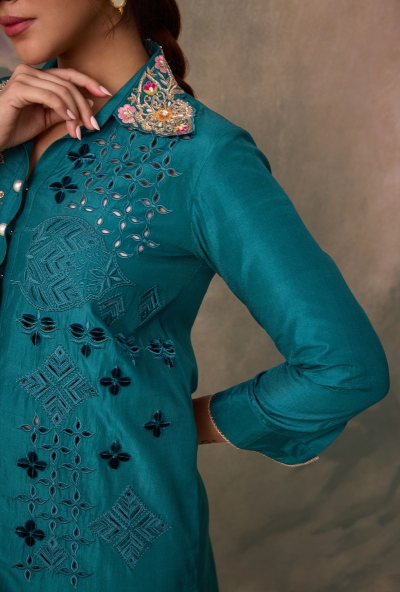 Teal Green Embroidered Side Panel Jalsa Co-Ord Set
