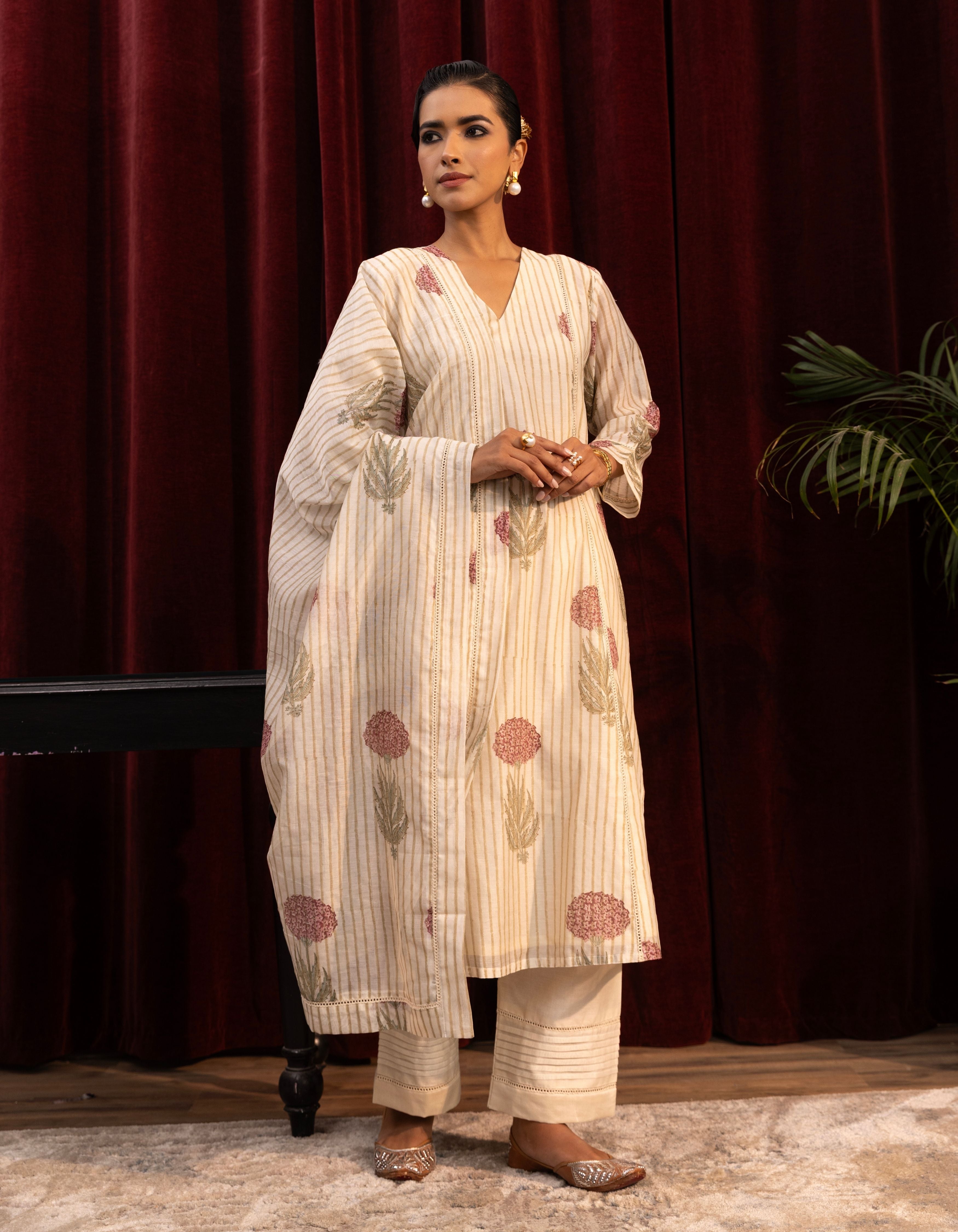 Ivory Stripes Block Print A-line Mogra Kurta Set