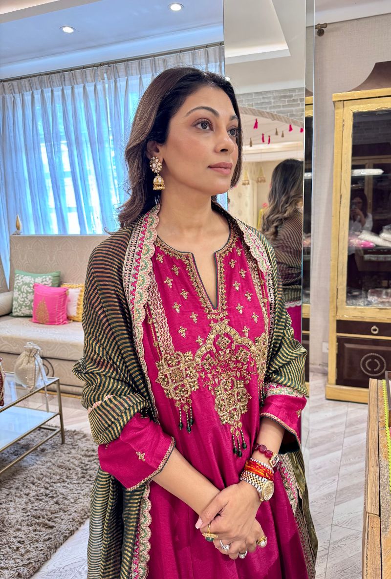 Meghna Nayyar in Rani Pink with Hand-Embroidered Yoke Kurta Set
